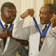 Bill Cosby (right) jokes with baseball great Hank Aaron after they both received the Presidential Medal of Freedom from President George W. Bush during a ceremony at the White House July 9, 2002.
Mark Wilson/Getty Images